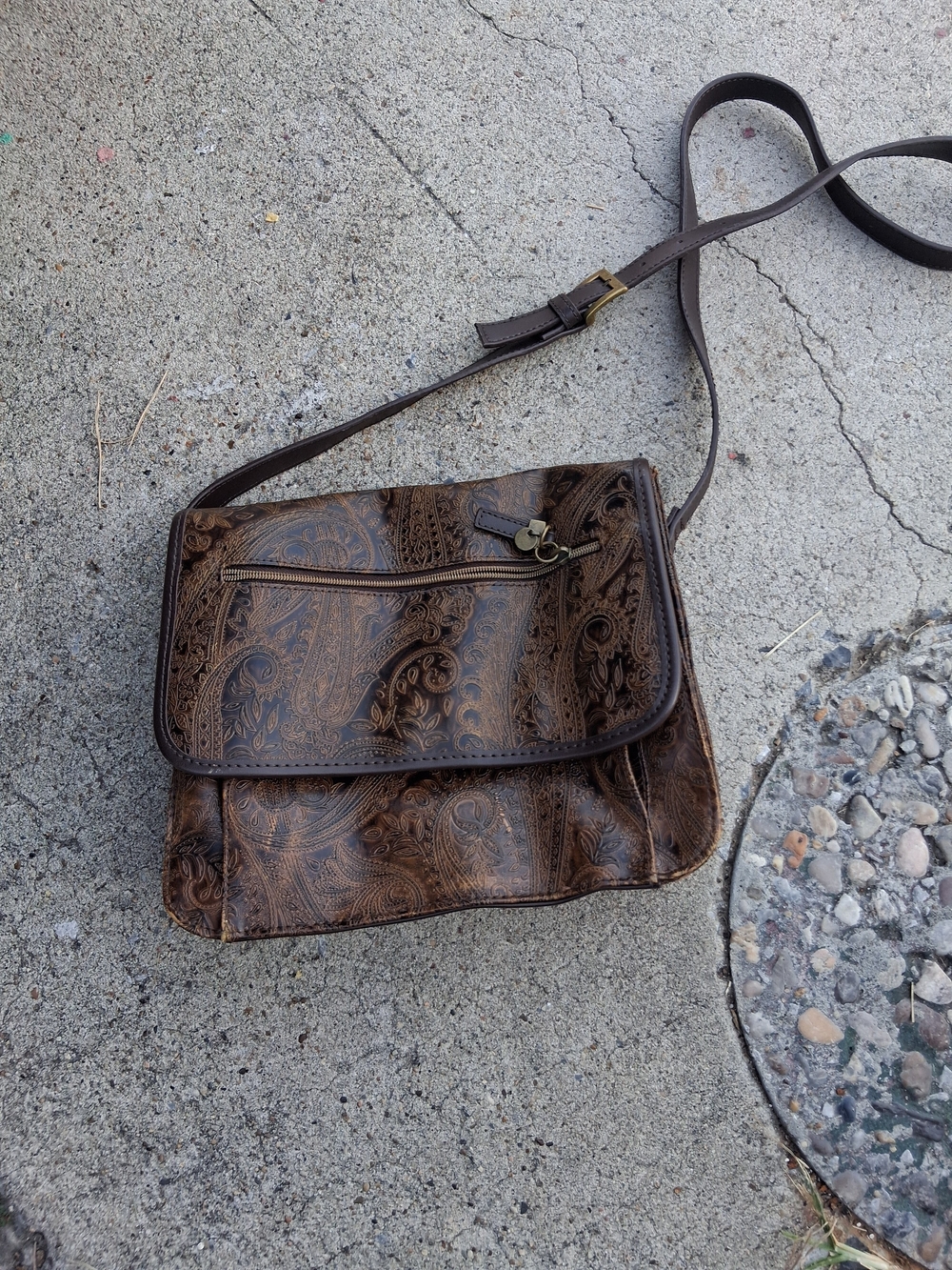 Women's Brown Leather Crossbody Bag with Embossed Paisley Design
